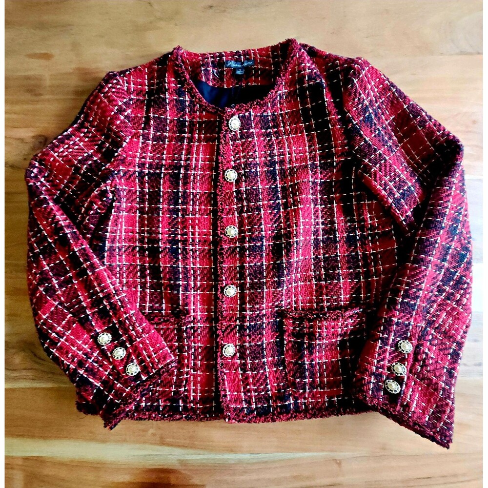 ​NWT Adrianna Papell Red Black Metallic Tweed Plaid Jacket Holiday Medium